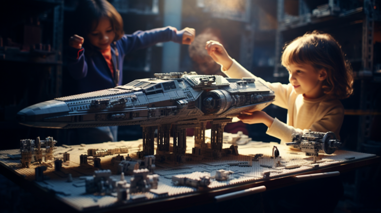 children playing with lego star wars spaceship