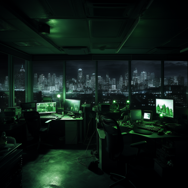 Night vision at unattended office in darkness